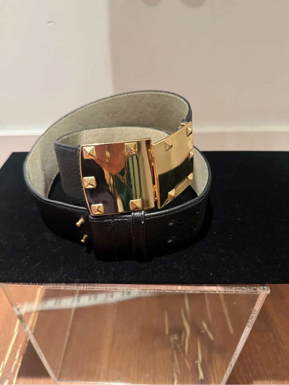BCBG Black Faux Leather Belt with Gold Pyramid Stud Buckle. 34” long.